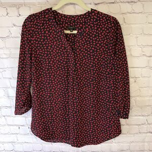 Talbots Banded Collar Red Hearts with Navy Popover 3/4 Sleeve Holiday Size SP